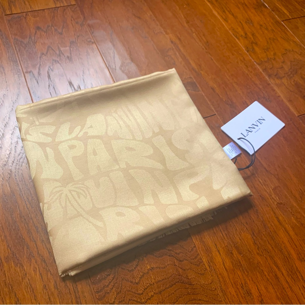 Lanvin Silk Wool Pashmina Scarf | Champagne Tan Logo Wrap Nwt
